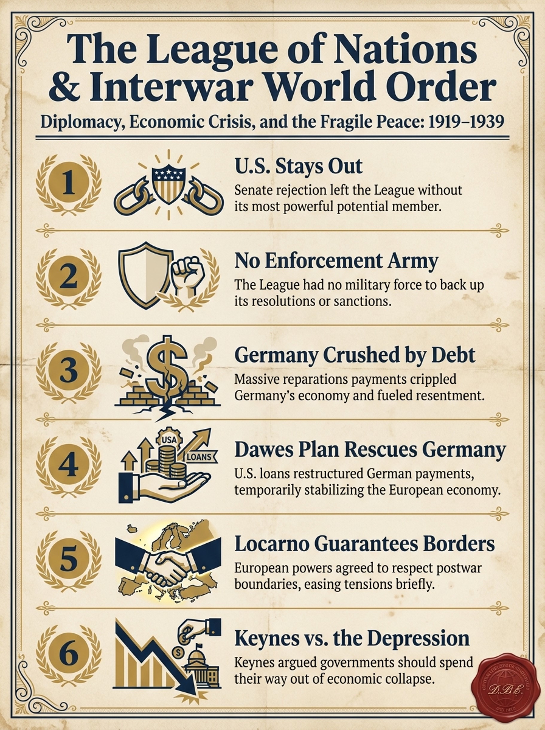 A finished Sayak infographic poster: The League of Nations & Interwar World Order