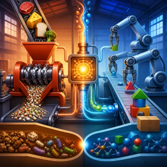 Metabolism drawn as a factory: food is broken down on one side and new molecules are built on the other